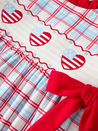 4th of July Plaid Flag Heart Girl Dress With Bow - Sunny Meadow Boutique