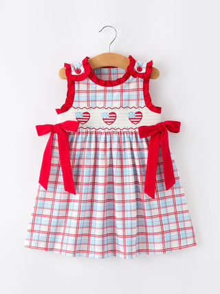 4th of July Plaid Flag Heart Girl Dress With Bow - Sunny Meadow Boutique