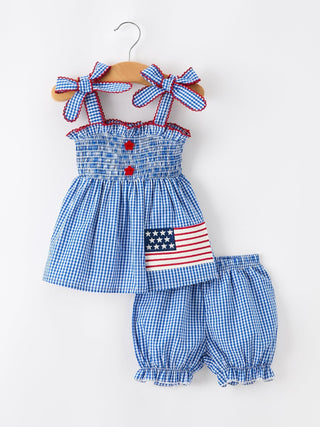 4th of July Plaid Girls Set Flag Star Bow Top Shorts Outfit - Sunny Meadow Boutique