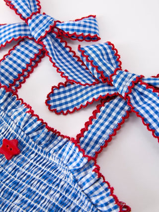 4th of July Plaid Girls Set Flag Star Bow Top Shorts Outfit - Sunny Meadow Boutique