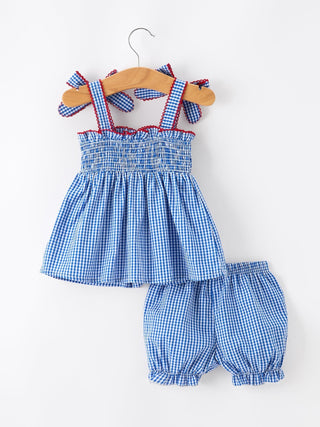 4th of July Plaid Girls Set Flag Star Bow Top Shorts Outfit - Sunny Meadow Boutique