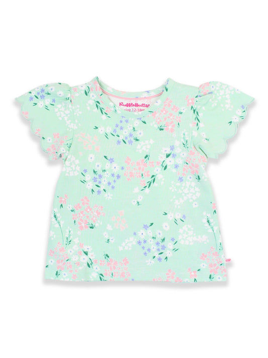 Girls Mint Meadow Floral Knit Short Sleeve Scallop Tee