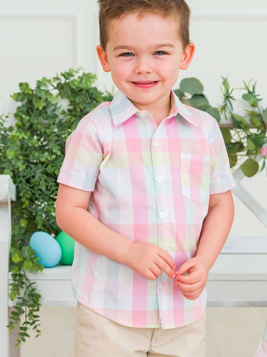 Boys Picnic Plaid Short Sleeve Button Down Shirt