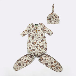 Muted Camo Knotted Baby Gown & Hat Set