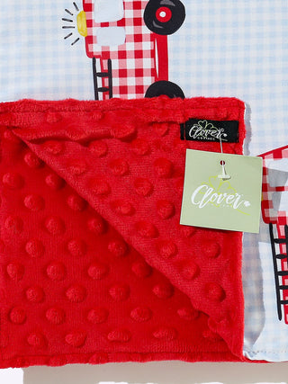 Gingham Firetruck Baby Blanket, Red and White