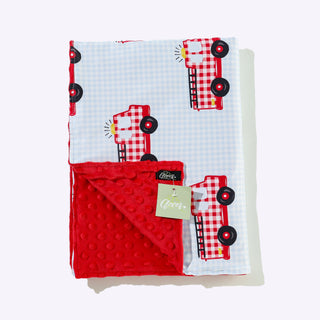 Gingham Firetruck Baby Blanket, Red and White