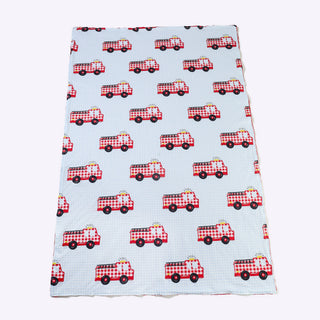 Gingham Firetruck Baby Blanket, Red and White