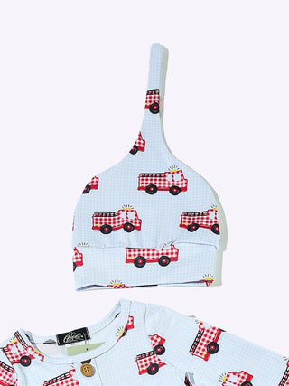 Gingham Firetruck Knotted Gown, White, Red