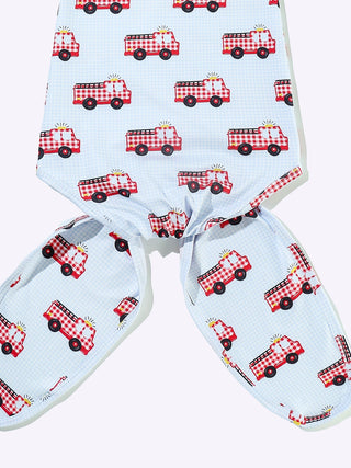 Gingham Firetruck Knotted Gown, White, Red