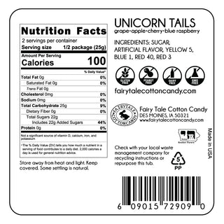 Nutrition label and ingredients list for Fairy Tale Cotton Candy unicorn tails on a white background.