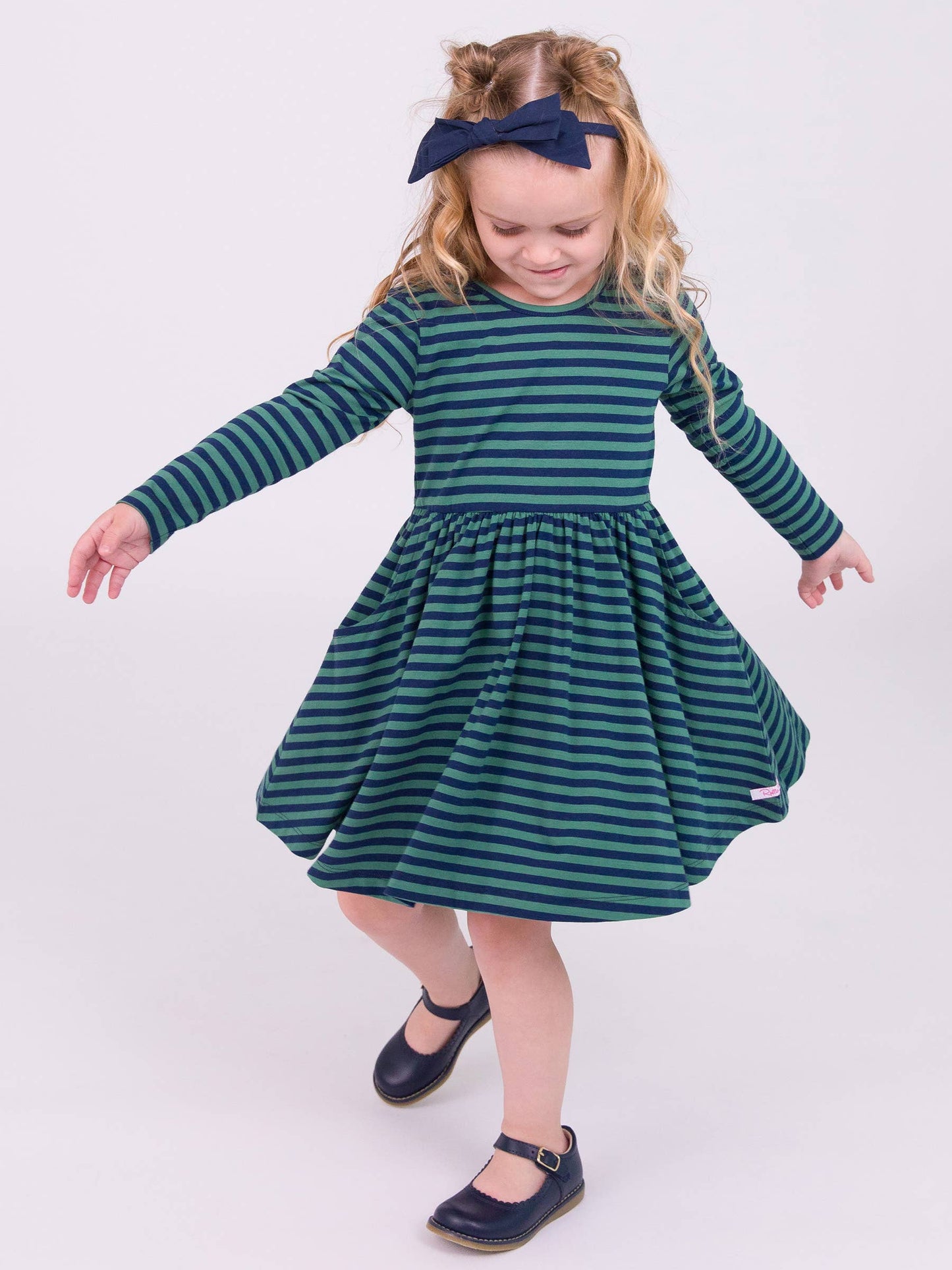 Girls Fir Green & Navy Stripe Knit Long Sleeve Twirl Dress