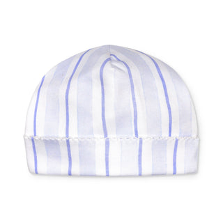 A blue and white striped baby hat made from soft fabric.