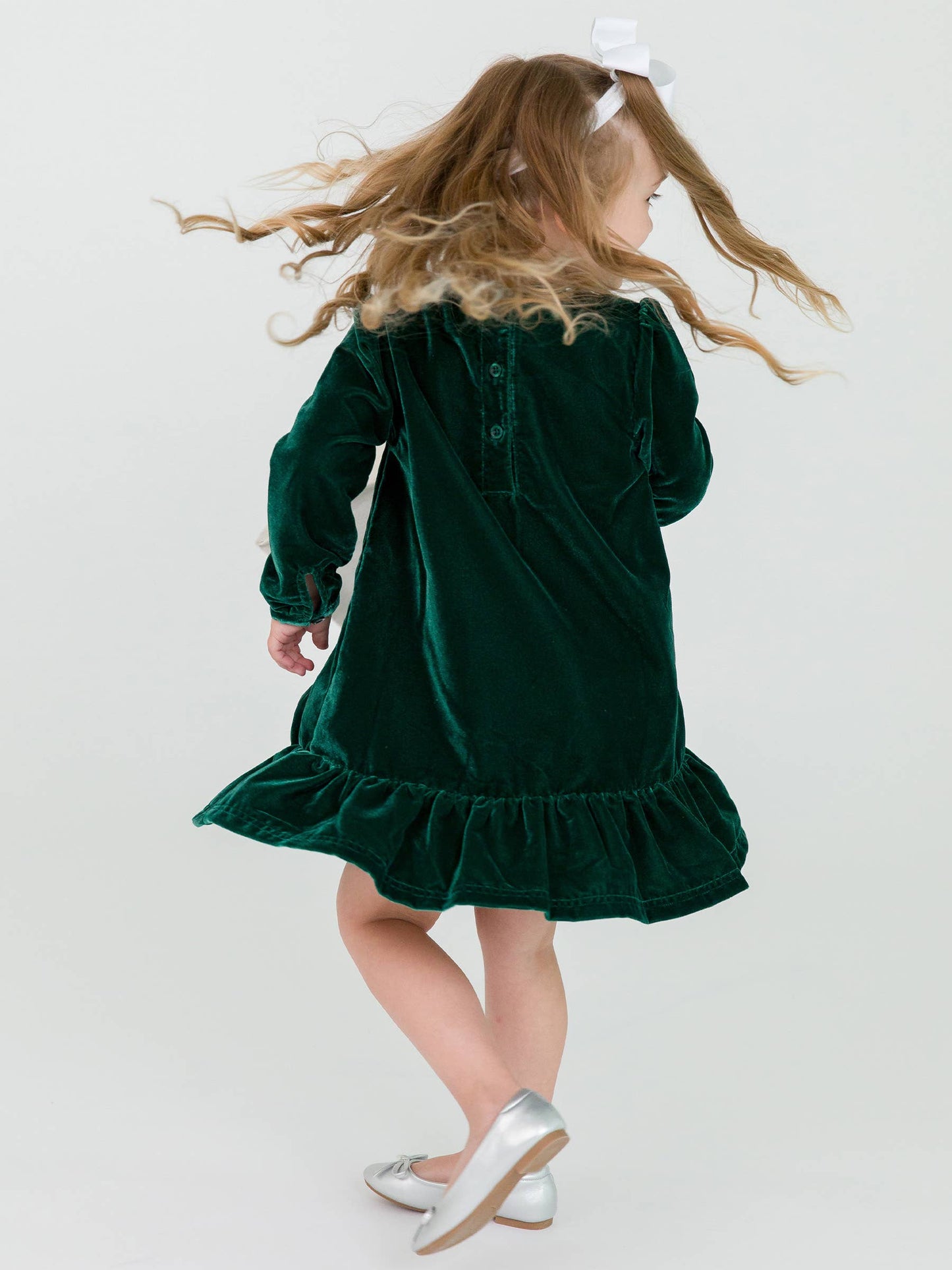 Girls Dark Hunter Green Velvet Long Sleeve Drop Waist Dress