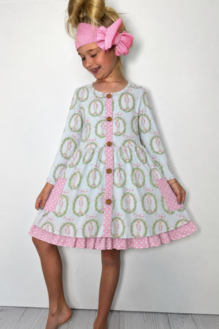 Nutcracker Wreath Girls Dress, Size 2T, Light Blue