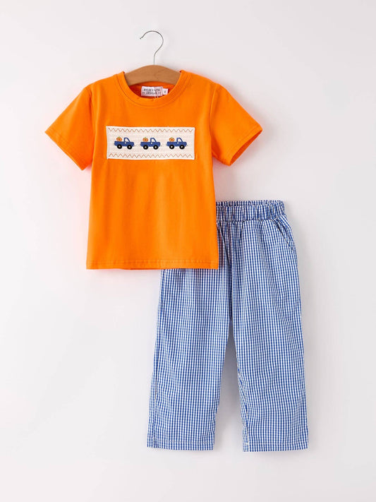 Fall Thanksgiving & Halloween Truck Smock Embroidery Baby Boy Set