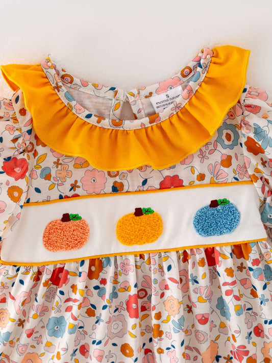 Pumpkin Patch Ruffle Set – Fall Floral Smocked Top & Mustard Leggings