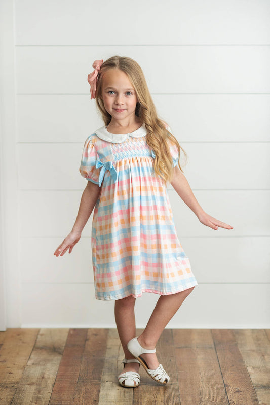 Kids Pastel Check Smocked Bow Back to School Dress