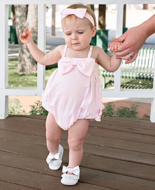 Baby Girls Pink Seersucker Bow Front Woven Bubble Romper