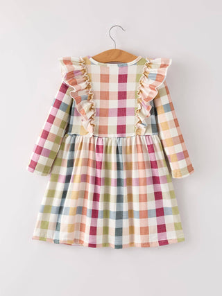 Plaid Long Sleeve Girls Dress, Multicolor