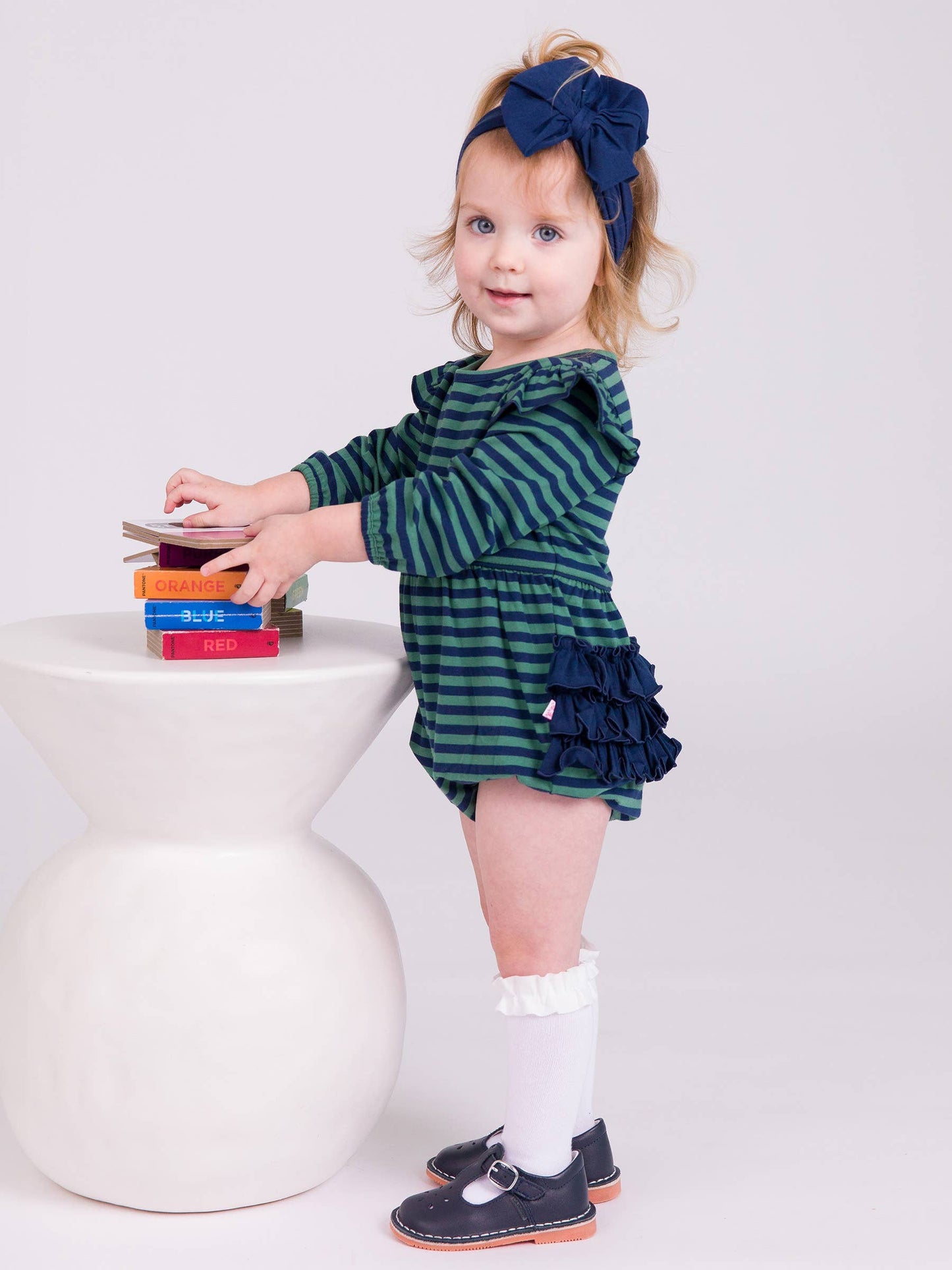 Baby Girls Fir Green & Navy Stripe Knit Long Sleeve Flutter Bubble Romper