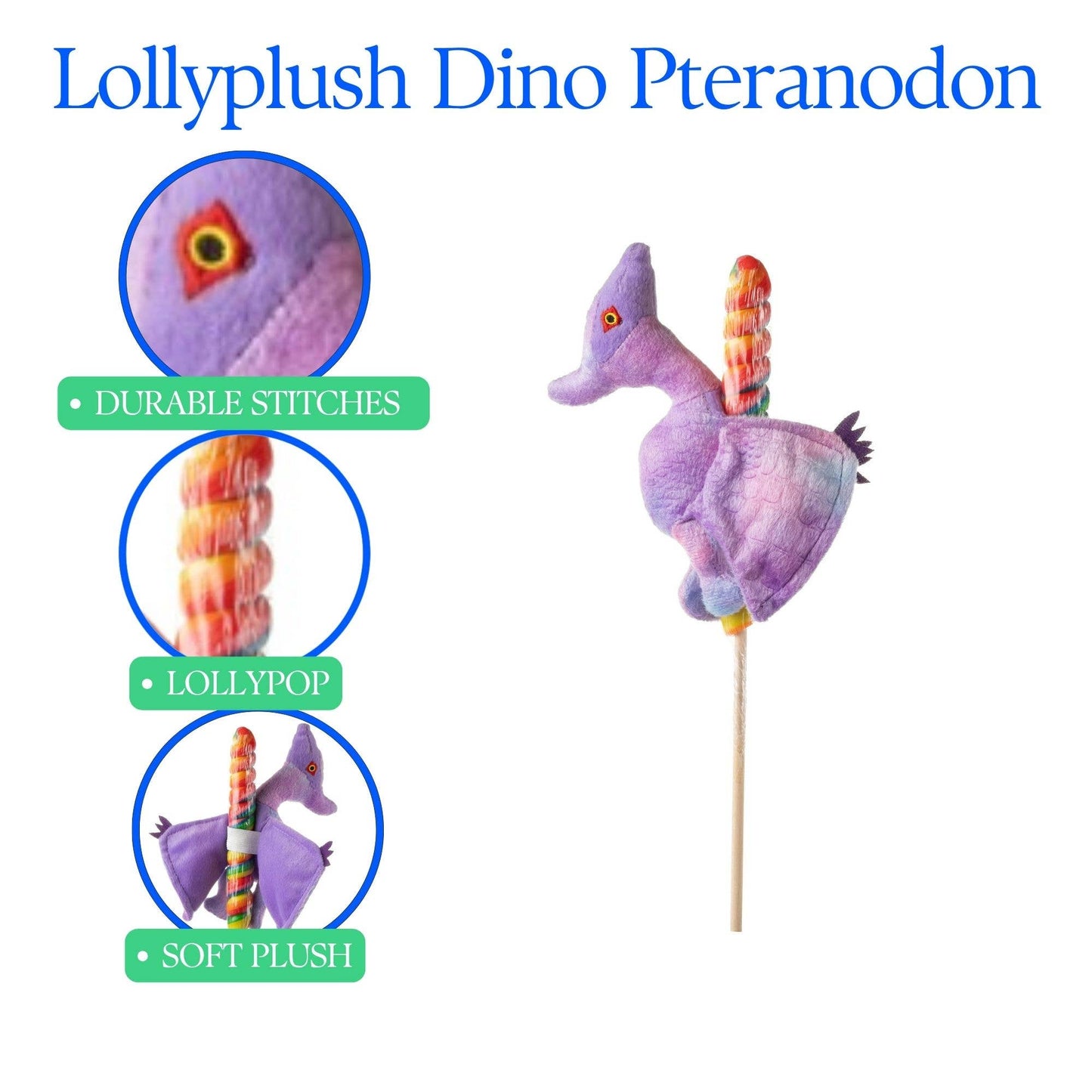7" (17cm) Lollyplush Pteranodon Dino w/ 14" Rainbow Lollipop - Sunny Meadow Boutique