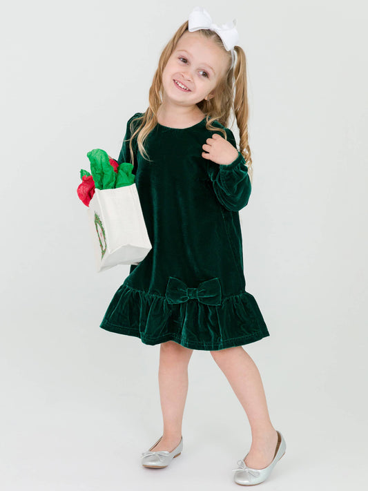 Girls Dark Hunter Green Velvet Long Sleeve Drop Waist Dress