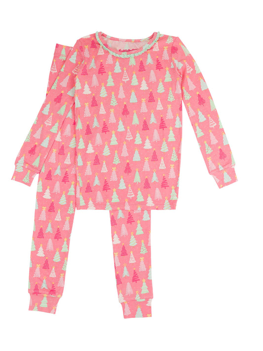 Girls Merry Pink Pines Bamboo Viscose Ruffle Long Sleeve Pajama Set