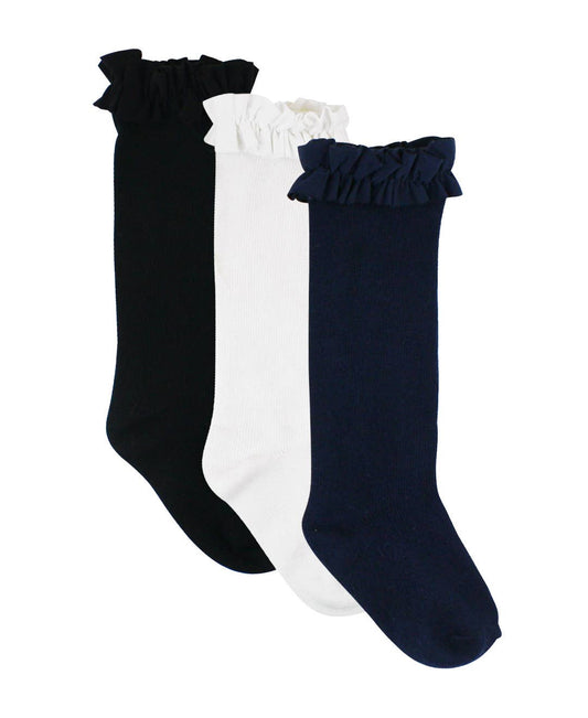 Girls 3-Pack Knee High Ruffle Socks - Black, White & Dark Navy