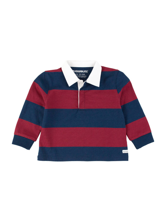 Boys Dark Cherry & Navy Rugby Stripe Long Sleeve Rugby Polo