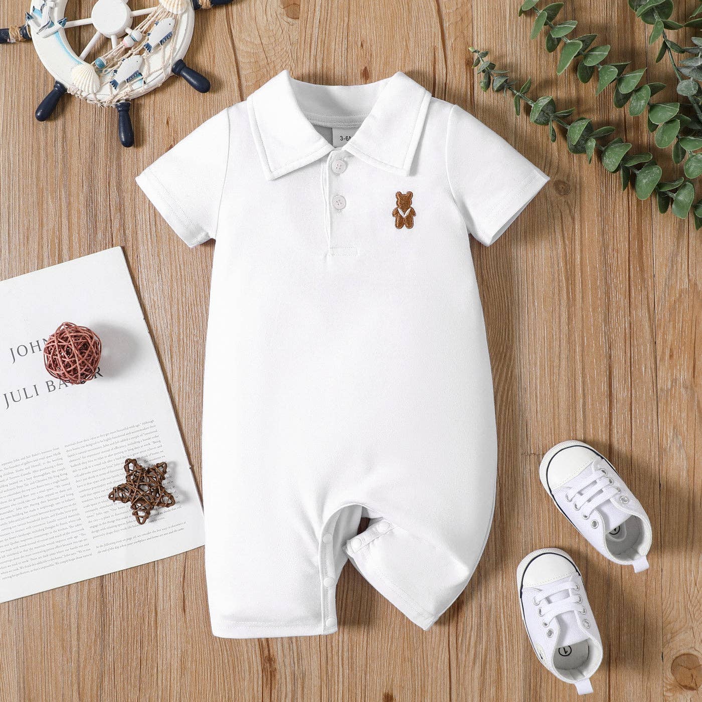 Baby Boy Bear Polo Collar Button Up Short-sleeve Jumpsuit