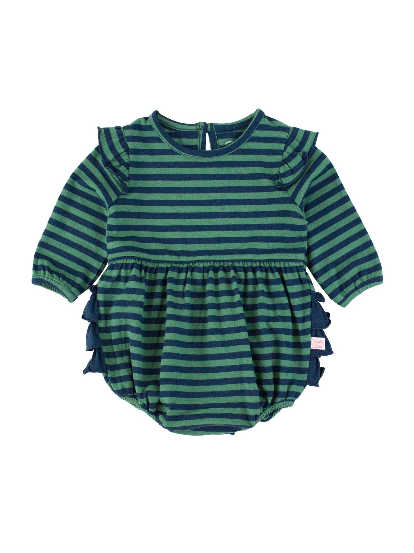 Baby Girls Fir Green & Navy Stripe Knit Long Sleeve Flutter Bubble Romper