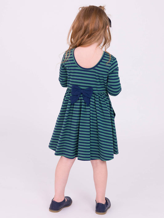 Girls Fir Green & Navy Stripe Knit Long Sleeve Twirl Dress