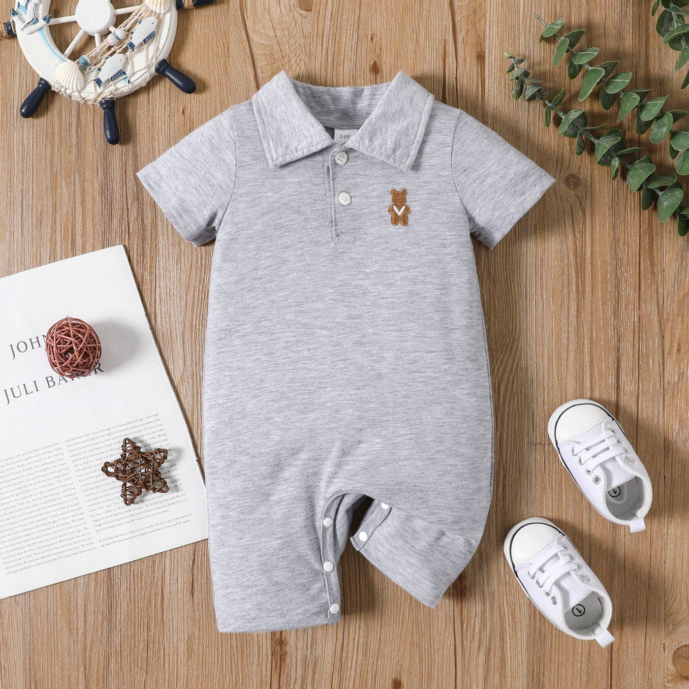 Baby Boy Bear Polo Collar Button Up Short-sleeve Jumpsuit