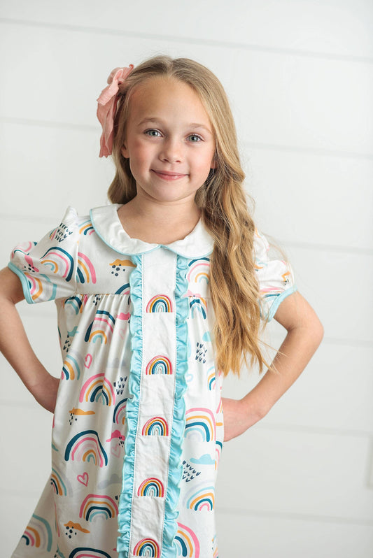 Kids Pastel Rainbow Collared Embroidered School Dress