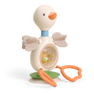 Toy duck with a rattle on a white background