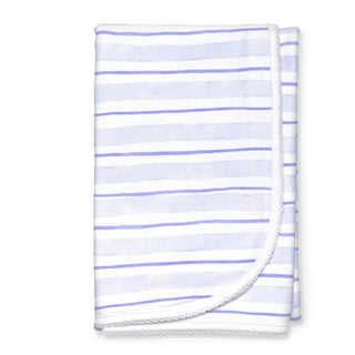 A blue striped baby blanket with a double-layer design made of soft cotton.