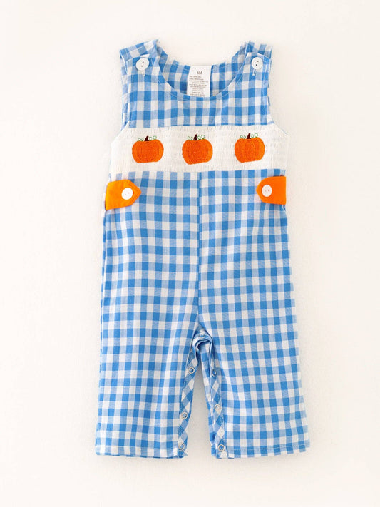 Halloween Blue Boys Smocking Embroidered Plaid Romper