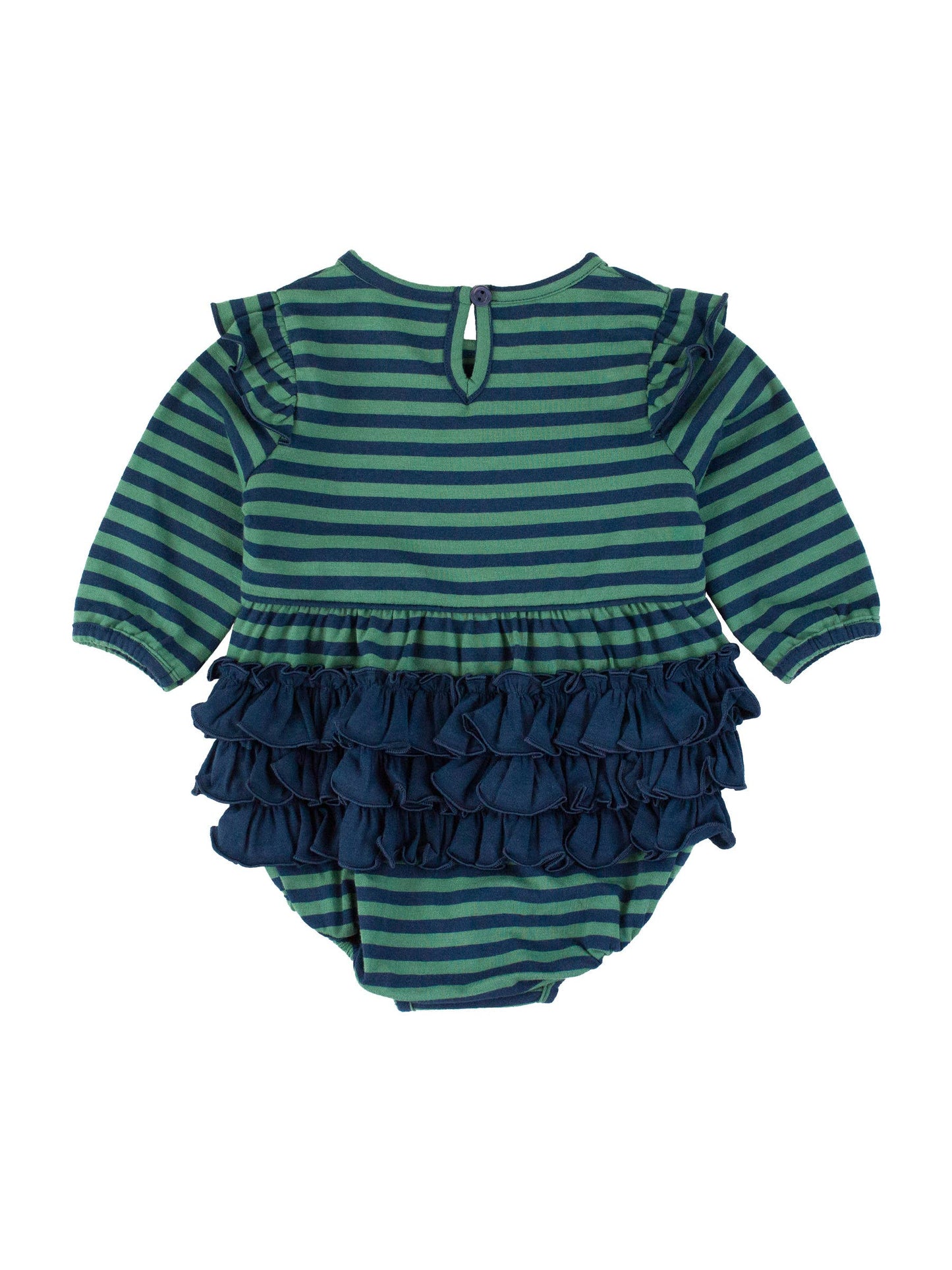 Baby Girls Fir Green & Navy Stripe Knit Long Sleeve Flutter Bubble Romper