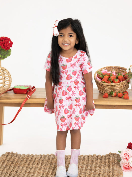 Summer Strawberry Bow Girls Short Sleeve Dress