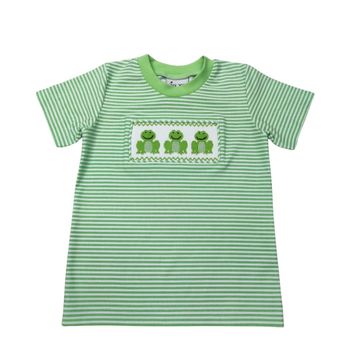 BOYS GREEN WHITE STRIPE SMOCKED FROG TSHIRT