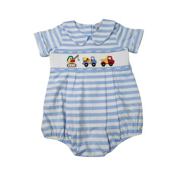 BOYS LT. BLUE STRIPE KNIT SHORT BUBBLE SMOCKED WORK TRUCKS