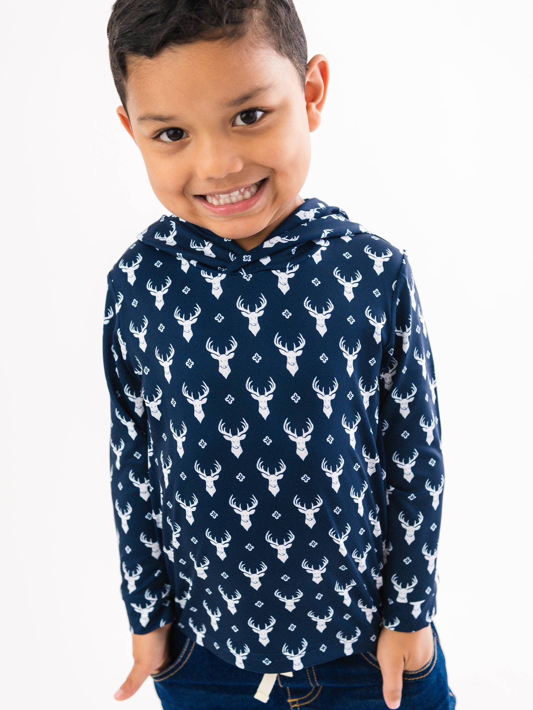 Boys navy Little Deer Lodge performance hooded shirt long sleeve
