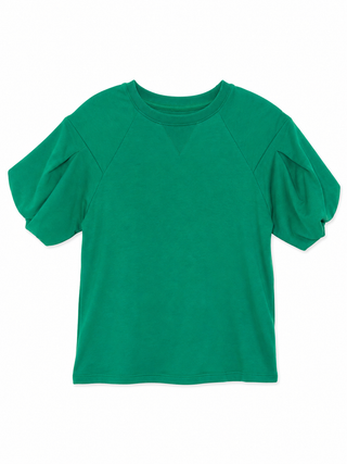 Green short sleeve top with a relaxed fit and round neckline, part of the tween collection.