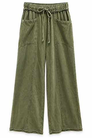 Mineral Wash Flared Pants, Olive Green