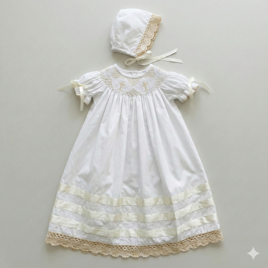 White baby dress with lace details and matching bonnet on a light gray background