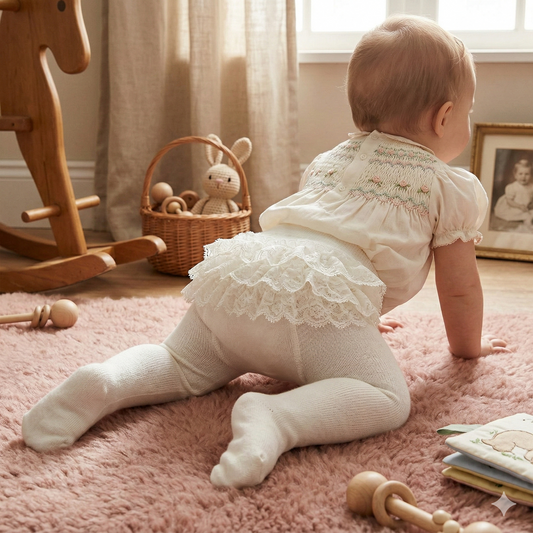 Baby in a white outfit crawling on a pink rug with toys around