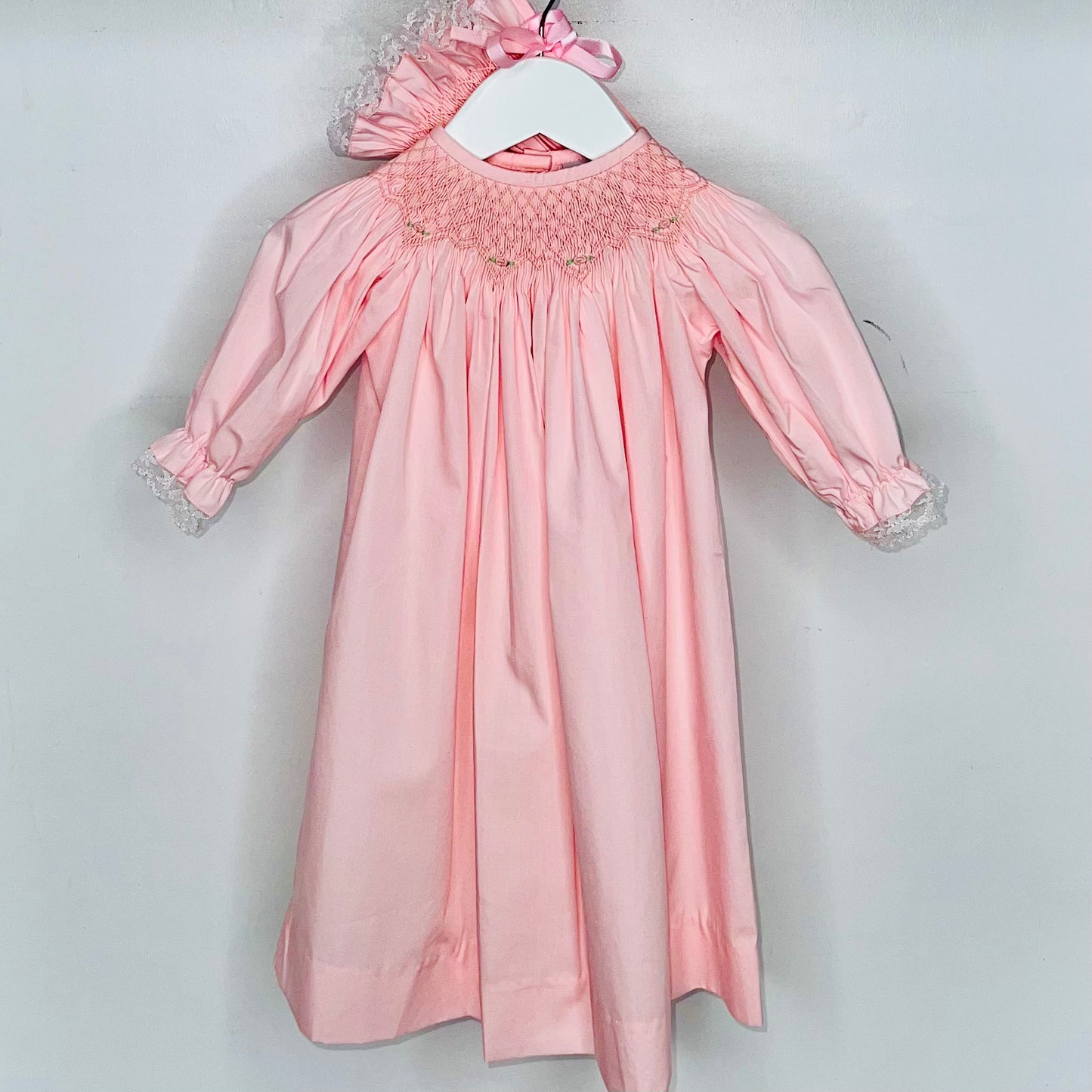 Soft Pink Smocked Lace Trim Daygown and Bonnet