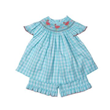 GIRLS MINT CHECK SMOCKED PINK FLAMINGO BISHOP TOP & SHORT SET