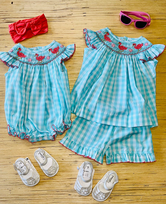 GIRLS MINT CHECK SMOCKED PINK FLAMINGO BISHOP TOP & SHORT SET