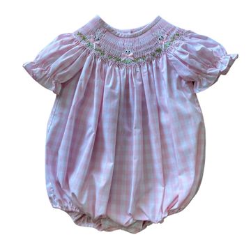 GIRLS PINK CHECK BISHOP BUBBLE W/ SMOCKED BUNNY